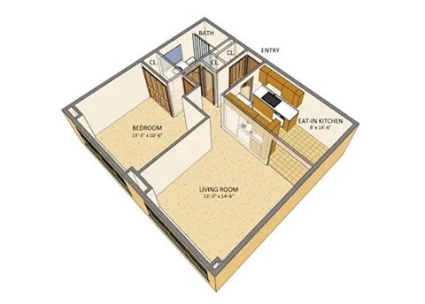 Floor plan for 1 bed, 1 bath, 502 sqft
